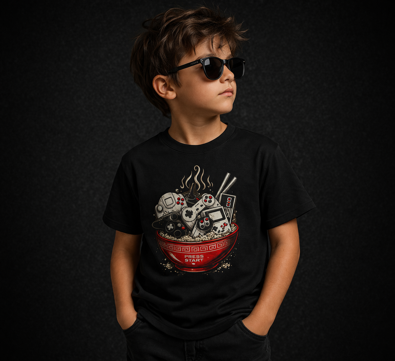 Kids Ramen Gamer T‑Shirt — Cute Sushi & Game Console Bowl Graphic Tee