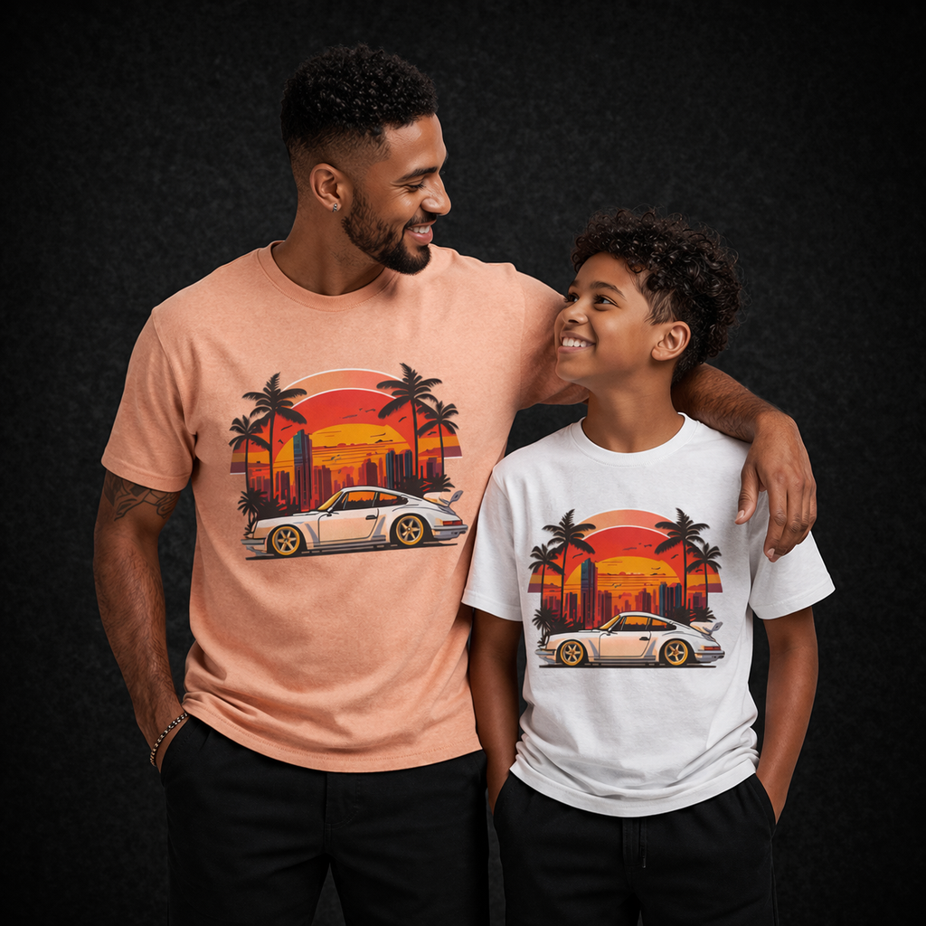 Kids Retro Sunset Sports Car Tee